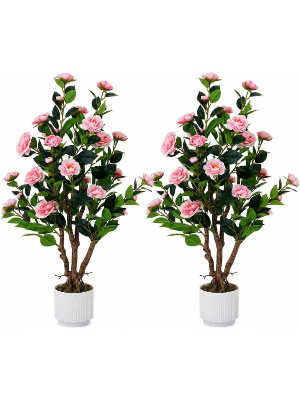 2 Pack 38" Faux Camellia Trees in White Pots - Tall Silk Plants for